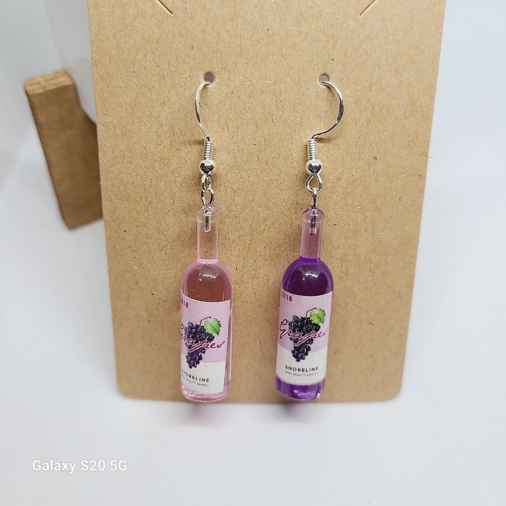Handmade Wine Bottle Earrings‎ Mismatched Grape Juice Novelty Dangle Drop